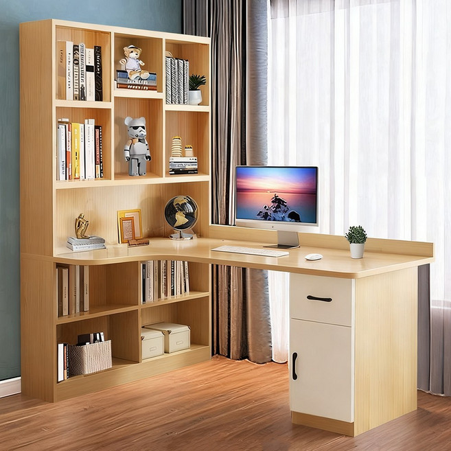 학생 ㄱ자 책상 컴퓨터 공부 게이밍 책상 책장 세트 고등학생 코너 책상, 라이트브라운