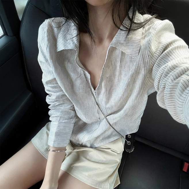 BiimTee 여성 스트라이프 셔츠 반팔 하이웨이스트 크롭핏 날씬해보이는 캐주얼 블라우스