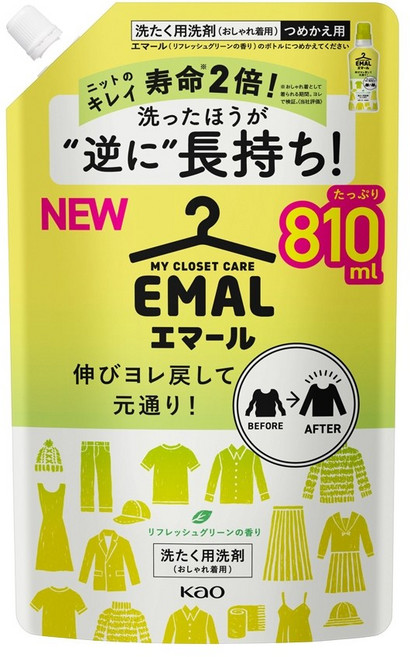 花王 防縮洗衣精, 1個, 清綠香(補充包) 810ml#20930