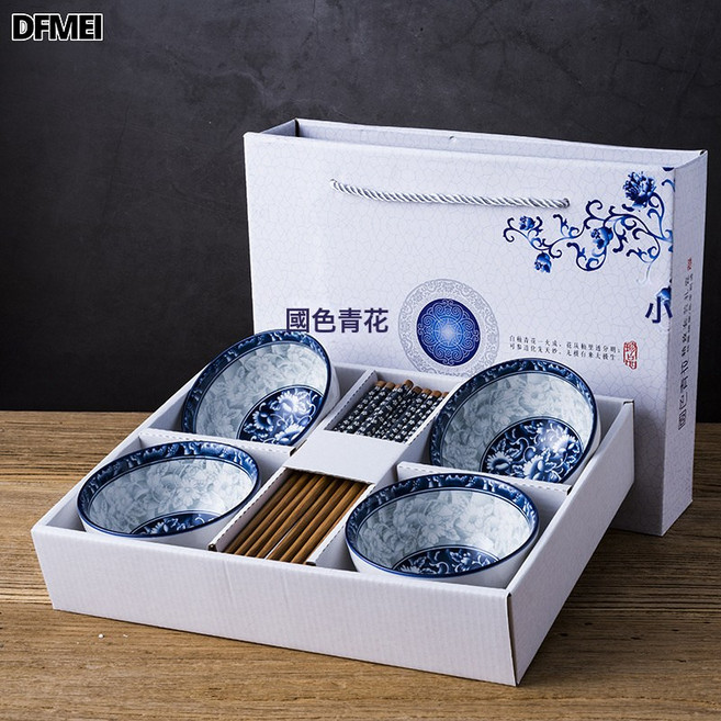 DFMEI 活動禮品碗套裝家用青花瓷碗陶瓷套碗碗筷餐具禮盒裝套裝, 1個, 國色青花 四碗四筷, 參考詳情