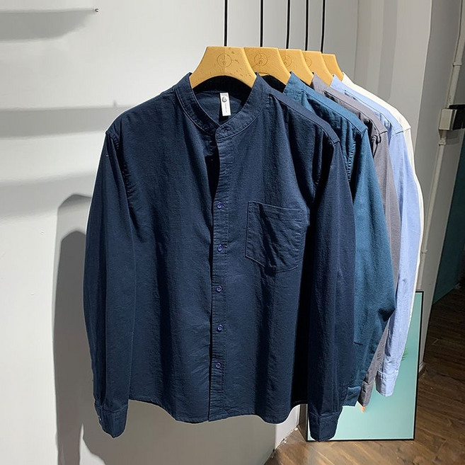 남성 프리미엄 셔츠 봄 가을 캐주얼 솔리드 데일리 긴팔 블라우스 상의 남자 루즈핏 면 마 남방 아우터 LJX