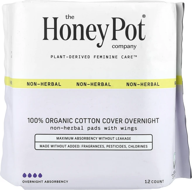The Honey Pot Company 허브 무함유 유기농 패드 날개형 오버나이트 12개, TheHoneyPotCompany허브무함유유기농패드날개, 오버나이트/슈퍼플러스 - 쿠팡