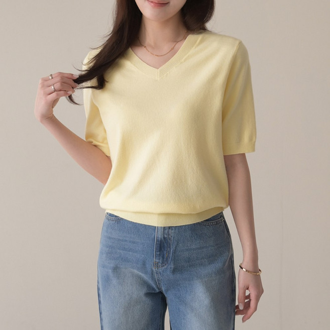 데일리앤 비토 14컬러 부드러운 여성 브이넥 기본 무지 5부 반팔 니트 티셔츠