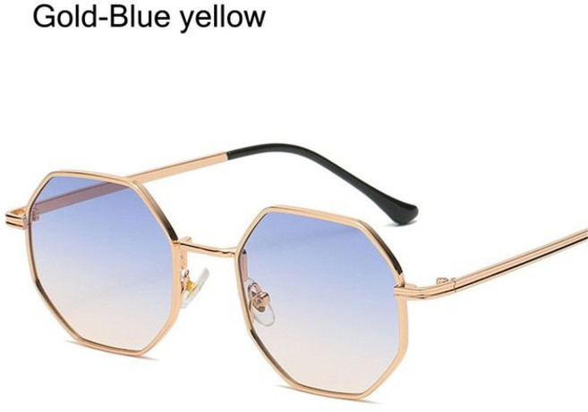 호환용 사각 선글라스 다각형 선글라스 작은 프레임 금속 선글라스 UV 보호 차양 패션 선글라스 남성 및 여성용, [04] Gold-Blue yellow