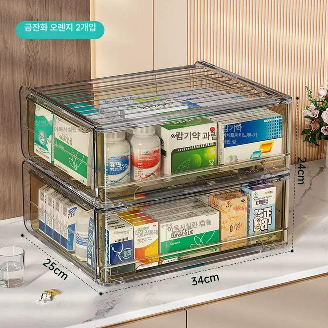 약 수납장 빈티지 수납 거실 투명 수납정리장 제이스튜, 투명주황-2개입 대형