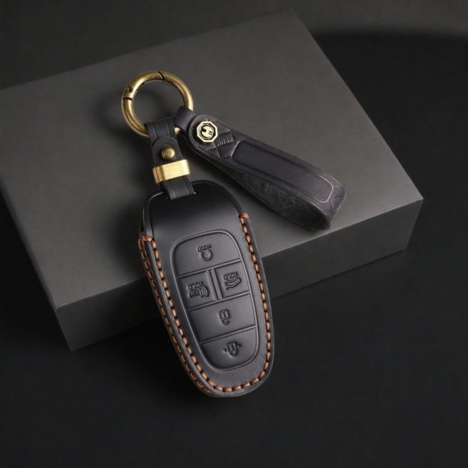 GASUNG 현대 가죽 키케이스 키홀더+ Hyundai차량용 키커버(현대호환 5버튼 7버튼), 신사 블랙