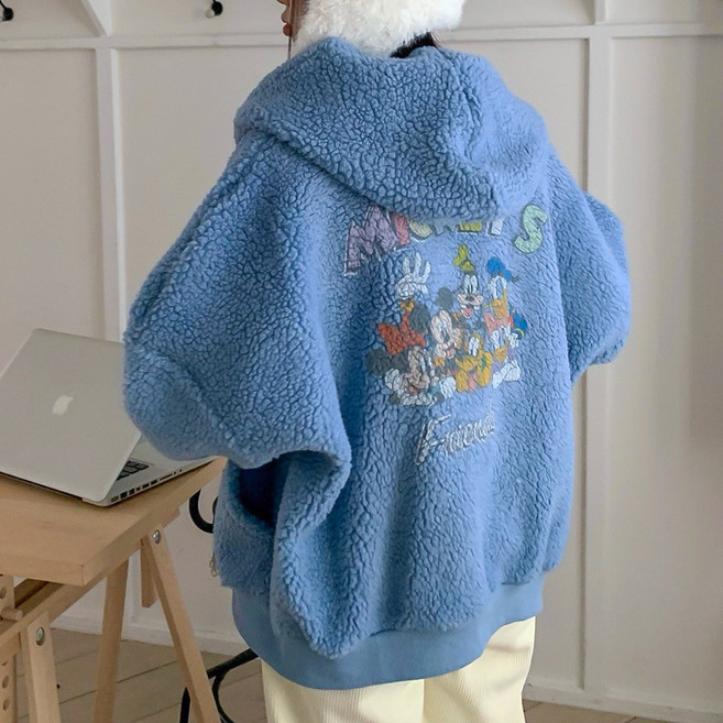 디즈니 미키 캐릭터 오버핏 양털 뽀글이 플리스 투웨이 집업 덤블 후드 맨투맨 후리스 점퍼