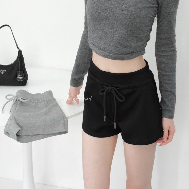 Sharkhead 棉短褲 高腰寬帶抽繩運動熱褲 灰色/黑色