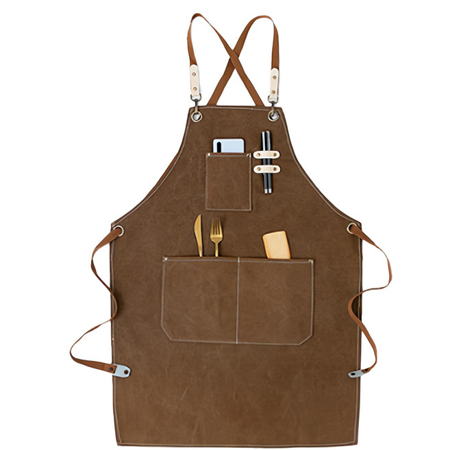 디오셀 프리미엄 심플 캔버스 포켓 앞치마, 브라운, 1개