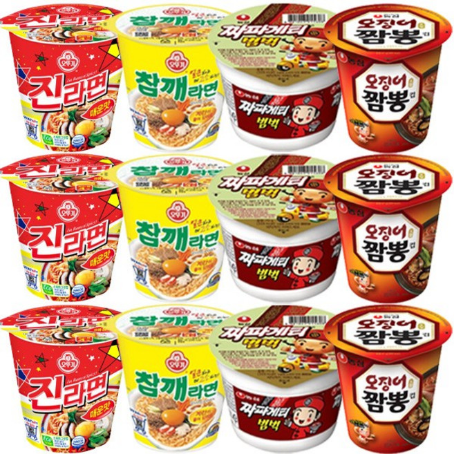 소컵라면 12종 (진라면 매운맛 + 참깨라면 + 짜파게티범벅 + 오징어짬뽕)
