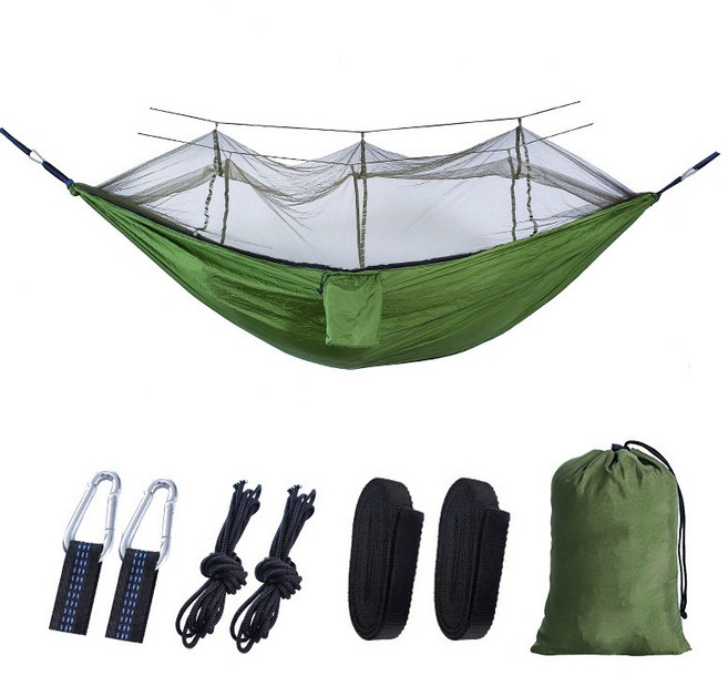 戶外露營 蚊帳吊床 250KG承重 尼龍吊床附蚊帳, 260*140CM（浅军绿）