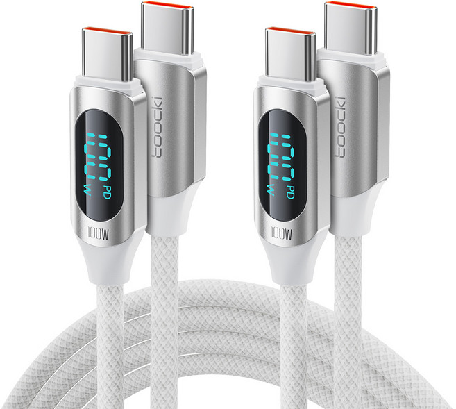 TOOCKI 알루미늄 합금으로 디스플레이 C-C 100w 고속 충전케이블, 2m, 화이트, 2개