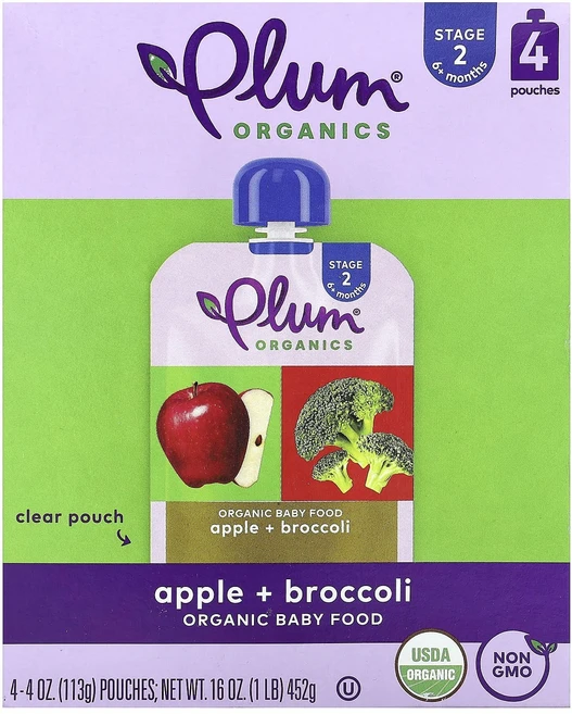 Plum Organics 유기농 이유식 생후 6개월 이상 사과 + 브로콜리 파우치 4개 각 113g(4oz), PlumOrganics유기농이유식생후6개월이상사과브로콜, 113g - 쿠팡