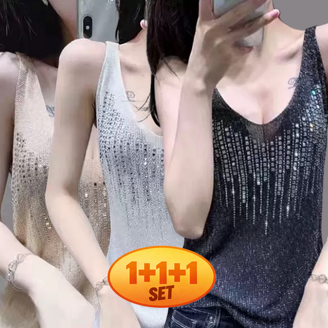 여름 스톤 디테일 베스트 탑 여성용 외출 가능한 디자인 넥라인 디테일 무소매 니트 기본 티 얇은 소재 상의 댄스복 1+1+1 3장입