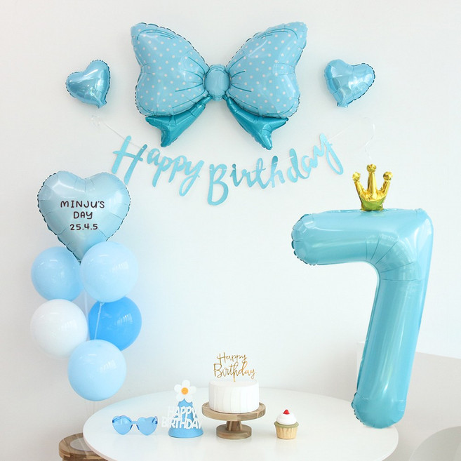 이벤트홀릭 생일가랜드 생일 파티 용품 세트 숫자 리본 하트 풍선 (자유레터링), 숫자풍선 7, 1개, 블루
