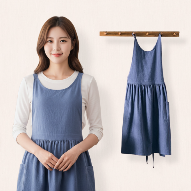 리엔솜드 여리여리핏 린넨 생활방수 앞치마, 1개, 블루