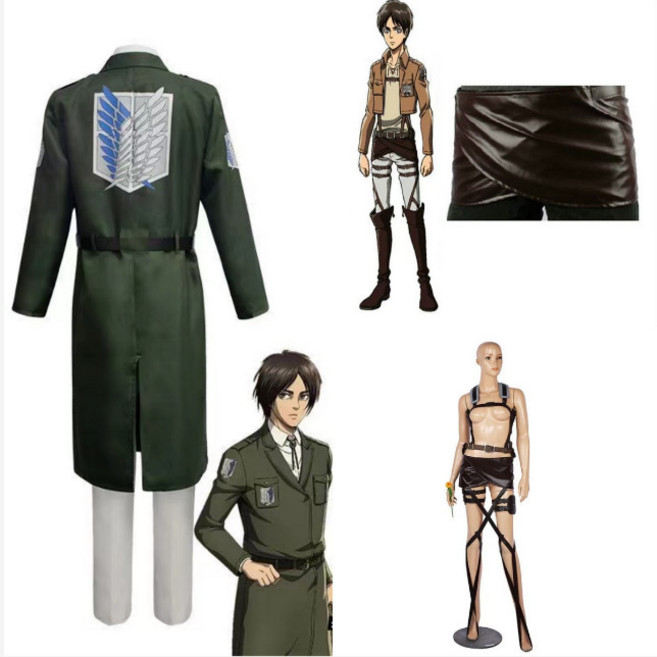 진격의 거인 코스프레 의상 조사병팀 에렌 미카사 부대장 유니폼 검은색 망토, 단색 녹색 공격 망토-L