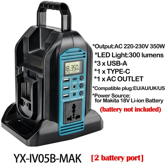 마끼다호환 18V 배터리용 200350W 전원 인버터 4포트 DC AC 110-120V220-230V 순수 사인파 인버터(3개의 U, 05 YX-IV05B-MAK