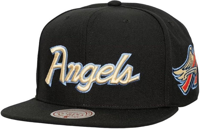 Mitchell & Ness Los Angeles Angels Cooperstown 크림 스크립트 스냅백 캡 블랙 [호환], Mitchell & Ness Los Angeles An