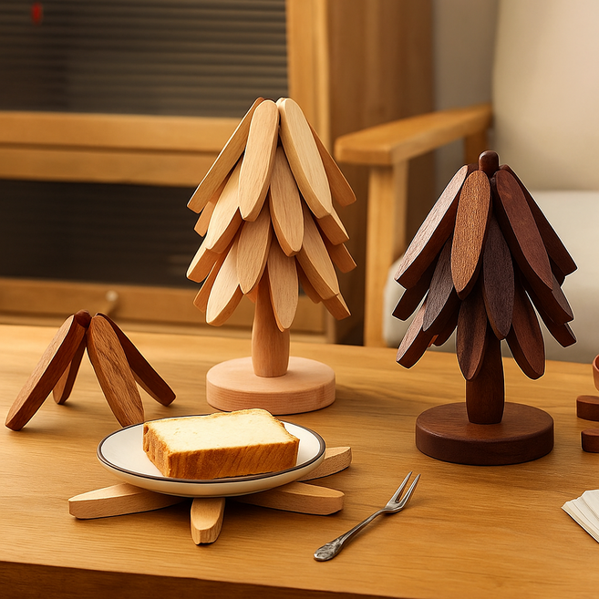 楠竹實木隔熱墊 防滑耐熱, 原木色,隔熱墊－套裝【五片+底座】, 1個