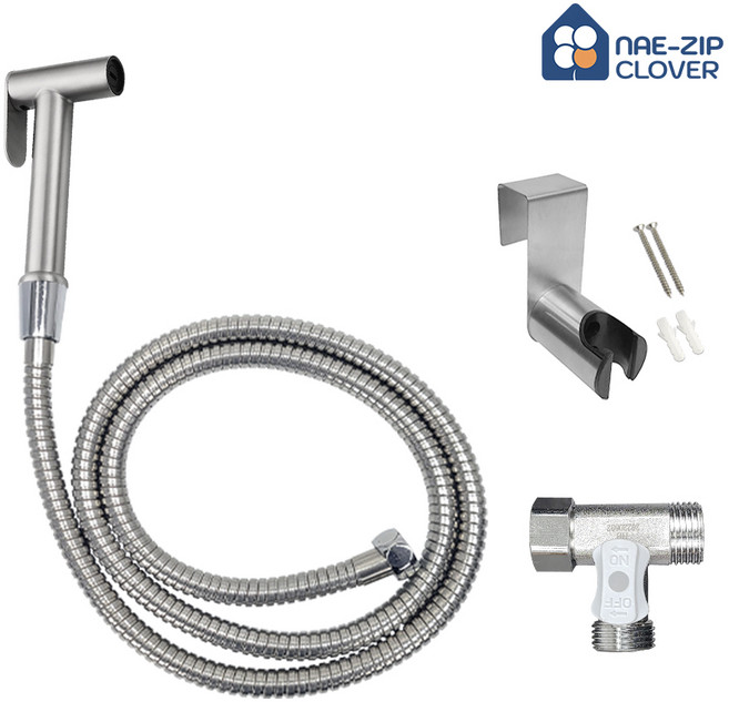 욕실스프레이건 고정형+국산 메탈호스+변기거치대 + 황동 T밸브, 고정형 실버, 5m