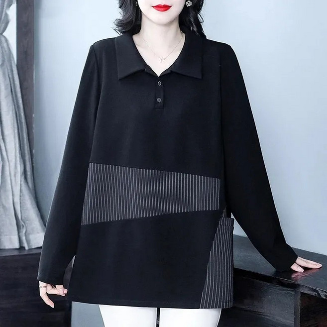 녕동 빅사이즈 여성 긴팔 티셔츠 루즈핏 스트라이프 패치 카라넥 중년엄마 캐주얼 봄가을 티셔츠