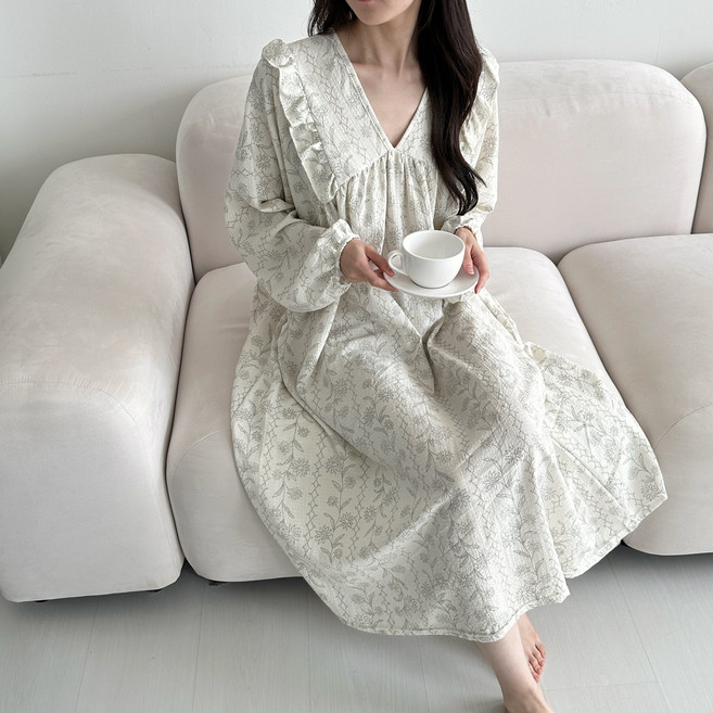 55~88까지~!! 사이즈굿 긴팔 나염 프릴 잠옷 원피스 루즈핏 빅사이즈 임산부잠옷(6컬러)