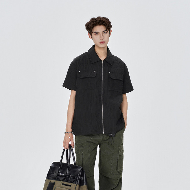 【Cleanfit短款】短袖襯衫 男款襯衫 夏季襯衫 休閒襯衫 翻領襯衫 純色百搭 肌理感面料 短款設計 簡約通勤