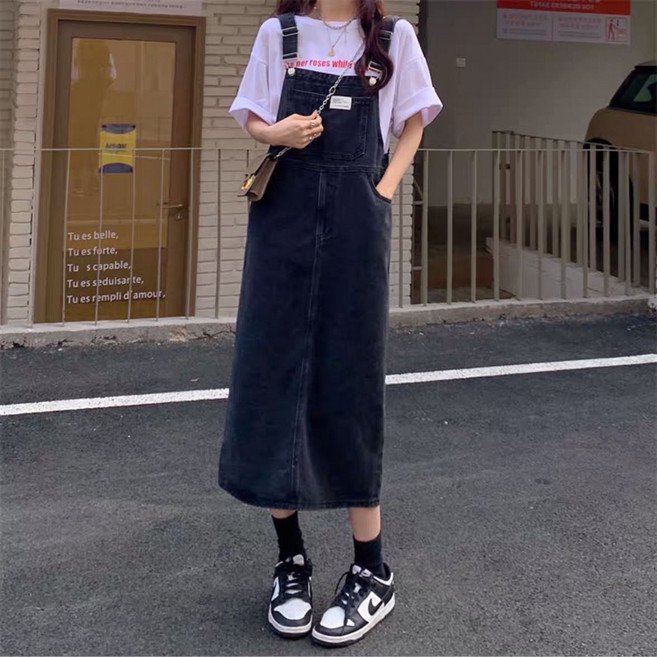 여성용 데님 멜빵 스커트 빅사이즈 박시 a라인 멜빵 원피스 뉴타임즈 F70271
