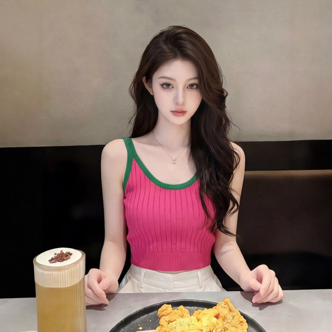 해피유통 여성 배색 니트 나시 슬림핏 민소매 데일리 상의