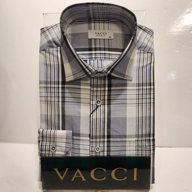 바찌 남성 봄 가을 긴팔 일반핏 면50%혼방 황금비율 땀흡수가빠른 은은한 그레이색 바탕에 흰색 네이비그레이 혼합체크 밑단일자 밝은체크 셔츠 남방 VD1M1CR542G0