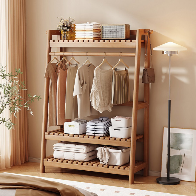 원목 시스템 스탠드 행거 조립식 수납 선반 공간 활용 H N Quality Home, 2단 원목색