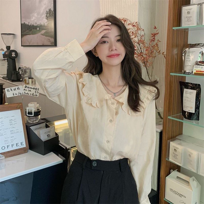 娃娃領長袖襯衫 女百搭秋季寬鬆韓版法式設計感上衣