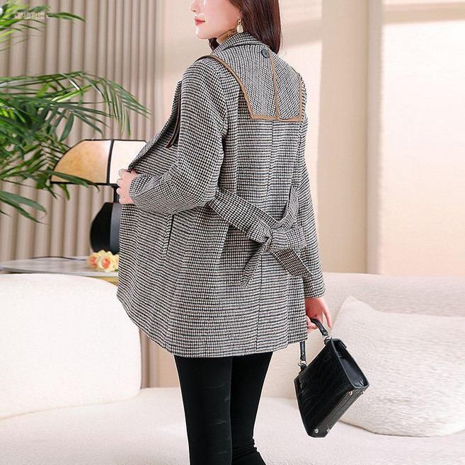千鳥格毛呢西裝外套女 寬鬆英倫風格紋雙排扣上衣