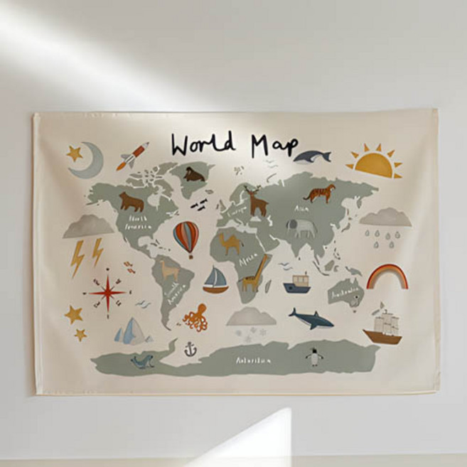 티큐 교육용 학습 인테리어 소품 세계지도 태양계 패브릭 포스터 P036, world map