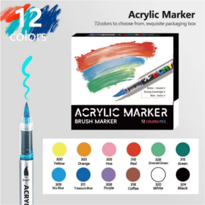 아크릴 마카 브러시형 12색 세트 캘리그라피 수성 컬러 마카펜 취미 미술용, 1세트