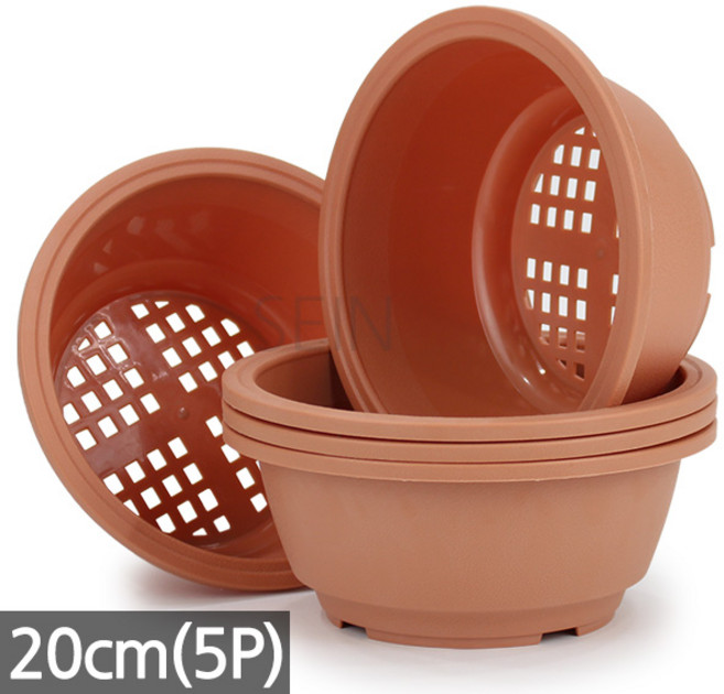 세인화분 플라스틱 낮은 원형 화분 5P, 1세트, 20호 와이드플분_브라운5P