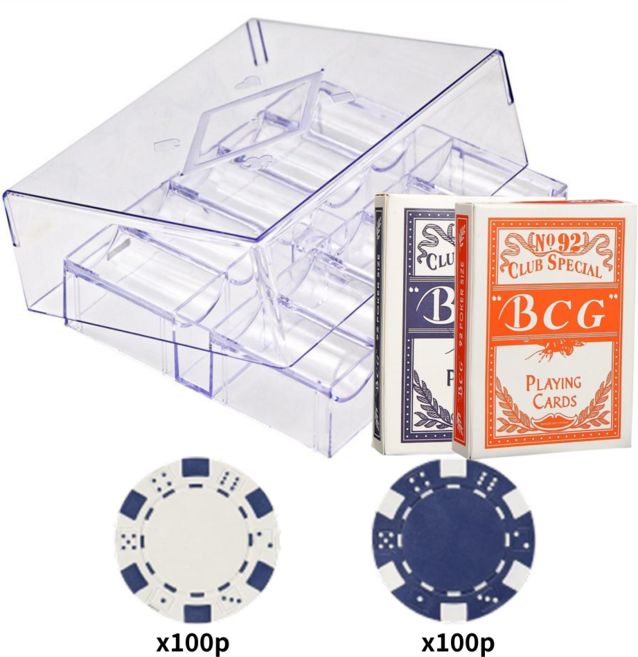 보아미 국제규격 컬러포커칩 200p 아크릴케이스 세트+포커카드2p, 1개, 화이트블루 200p세트