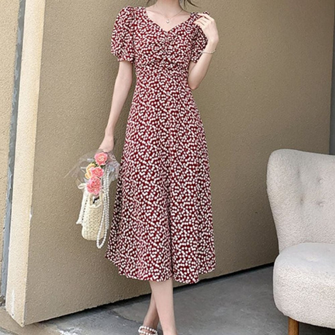 스커트원피스 여자 봄여름 외출 빨간색 얇은 반팔 롱원피스_woc_2604