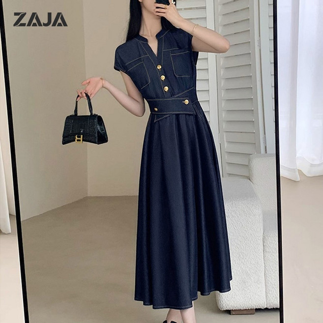 ZAJA 여성 여름 브이넥 반팔 슬림 롱원피스 하객 원피스