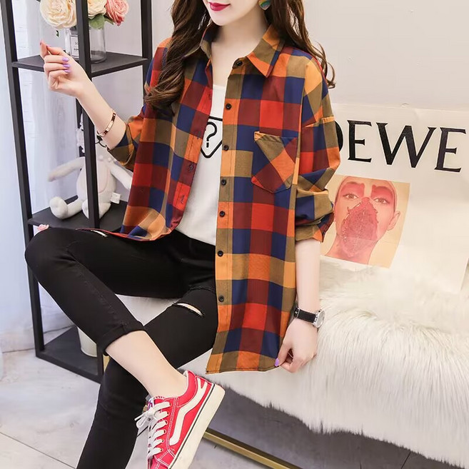 Makone 여성 체크 셔츠 긴팔 루즈핏 코디 얇은 래쉬가드 셔츠 아우터