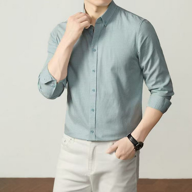 J nd O남성 봄 심플 얇은체크 긴팔 셔츠