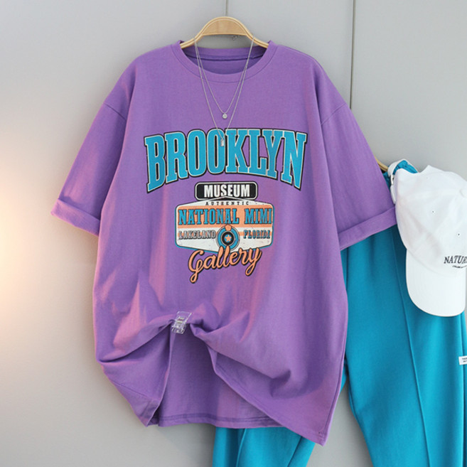 달콩 여성 롱티 반팔 박스티 루즈핏 메틱프린팅오버핏티