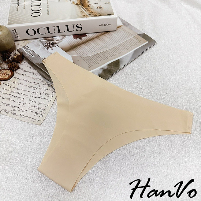HanVo 無痕冰絲純色丁字褲 歐美性感比基尼三角褲 中腰女生內褲 天天出貨 A11-5888, 奶膚杏,L