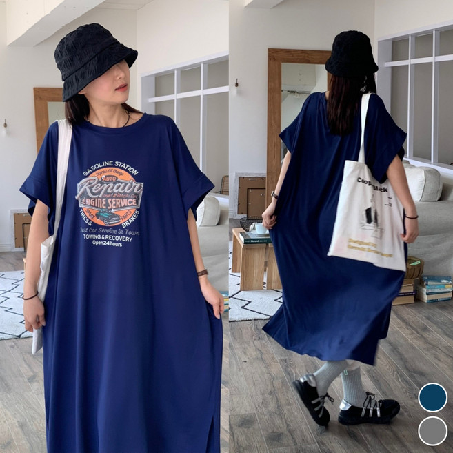 핏몬 여성 55-99 빅사이즈 찰랑 가오리 반팔 빈티지 프린팅 면 스판 롱 원피스