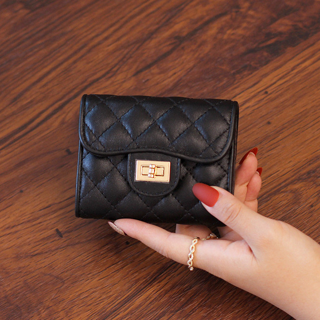 2026 歐美新款 菱格羊皮女士風琴卡包 真皮 小巧精緻 多功能鎖釦 多卡位