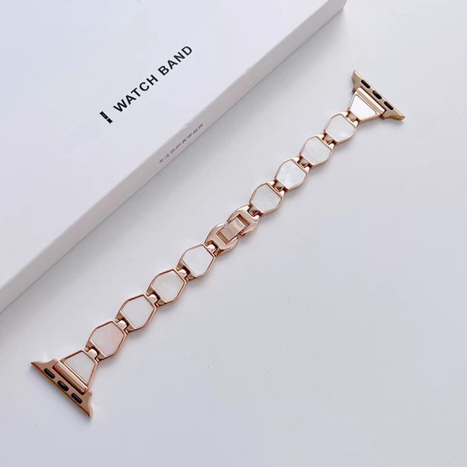 포유 애플워치 쉘 메탈 스트랩 버클 시계줄 줄질 밴드, 로즈골드화이트, 42/44/45/49mm(공용)