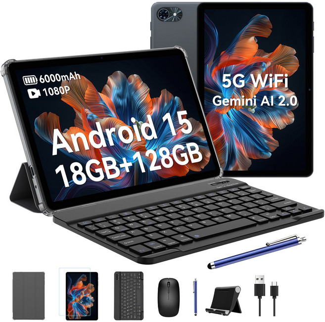 TABWEE 10인치 Android15 T80 태블릿 2025신형 18GB+128GB 2TB확장 키보드펜 포함 5G WiFi 6000mAh, Wi-Fi, 128GB, 회색