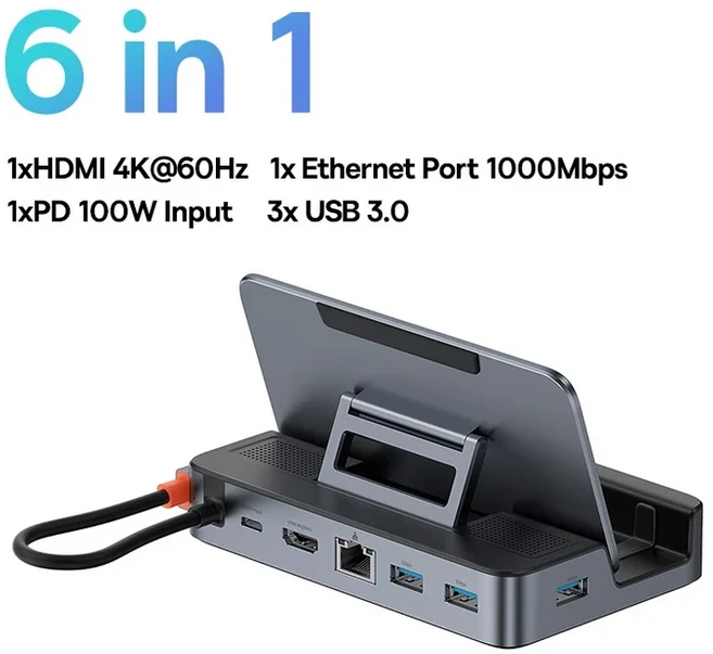 스팀 데크용 Baseus USB C 도킹 스테이션 Nintend 스위치 6-in-1 유형 ~ 4K@60Hz HDMI 호환 기가비트 이더, 01 As the pictures