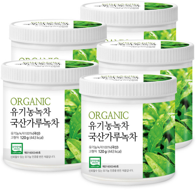 푸른들판 국산 유기농 가루 녹차 100% 국내산 순수 녹차잎 분말 파우더 오가닉 베이킹 무설탕 무가당 찬물, 5개, 1개입, 120g